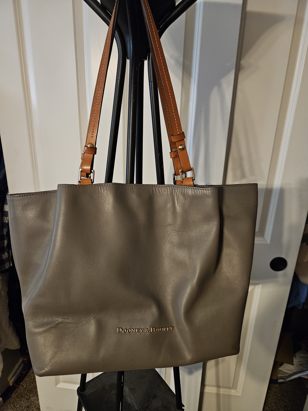 Dooney & Bourke Gray Leather Tote with Tan Straps